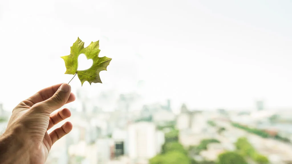 Une nouvelle identité, plus responsable Main tenant une feuille verte en forme de cœur avec une ville floue en arrière-plan, symbolisant l’engagement écologique en milieu urbain.